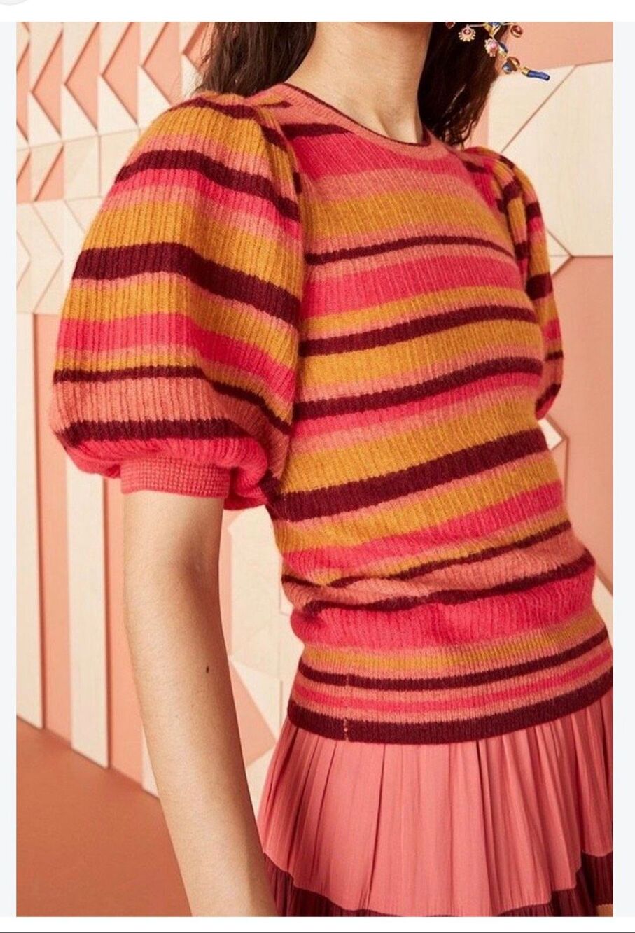 Ulla Johnson Ramia Cashmere Pullover Sweater Medium Striped Puffy Sleeves